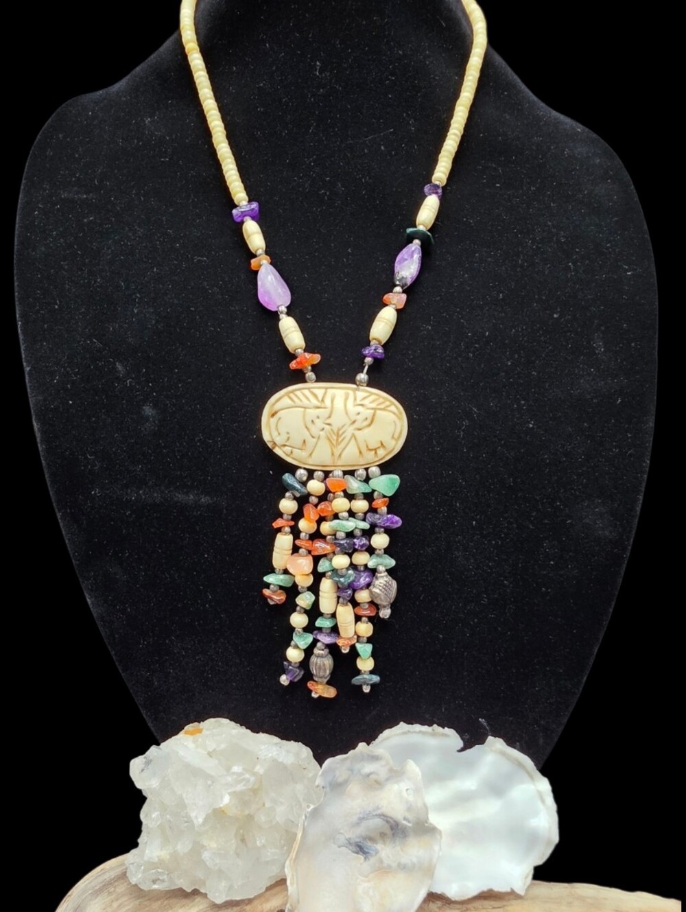 Vintage 1970s Carved Bone Elephant Natural Stone Fringe Necklace
